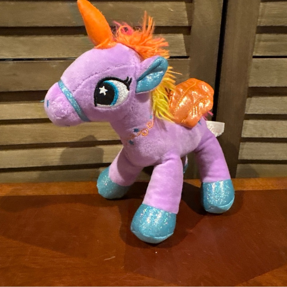 Linzy Purple Rainbow Unicorn 10” Embroidered Blue Eyes Stuffed Toy Orange Wings